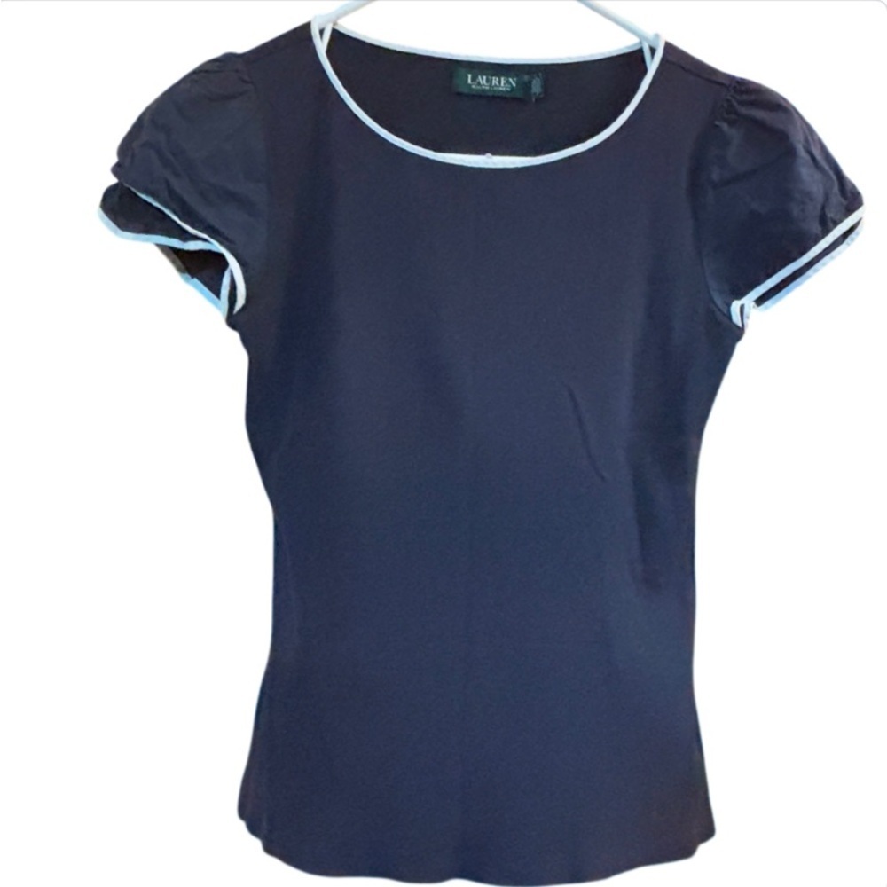 Ralph Lauren Vtg Ribbed Cap Ruffled Sleeve Navy Top Womens SZ M Casual Office